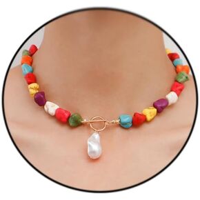 Vintage Turquoise Necklace for Women Irregular Natural Necklace Baroque Pearl Pendant Necklace Boho Turquoise Beads Necklace Beach Party Jewelry Gifts for Women Girls