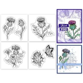 GLOBLELAND 4Pcs Mini Thistle Butterfly Plant Clear Stamps for DIY Scrapbooking Mini Flower Silicone Clear Stamp Seals Transparent Stamps for Cards Making Photo Album Journal