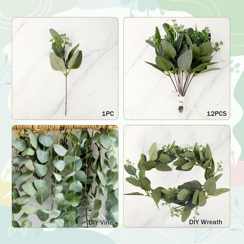 Jeffdad 12 Pcs Eucalyptus Stems Leaves Mixed, Artificial Eucalyptus Branches for Vases, Faux Silver Dollar Eucalyptus Stems for Garland Bouquets Arrangement Greenery Decoration(Eucalyptus Only) in Saudi Arabia