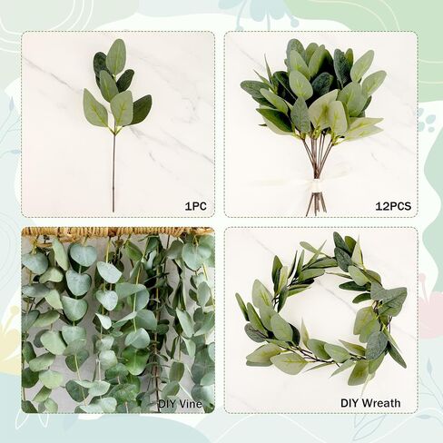 Jeffdad 12 Pcs Eucalyptus Stems Leaves Mixed, Artificial Eucalyptus Branches for Vases, Faux Silver Dollar Eucalyptus Stems for Garland Bouquets Arrangement Greenery Decoration(Eucalyptus Only) in Saudi Arabia