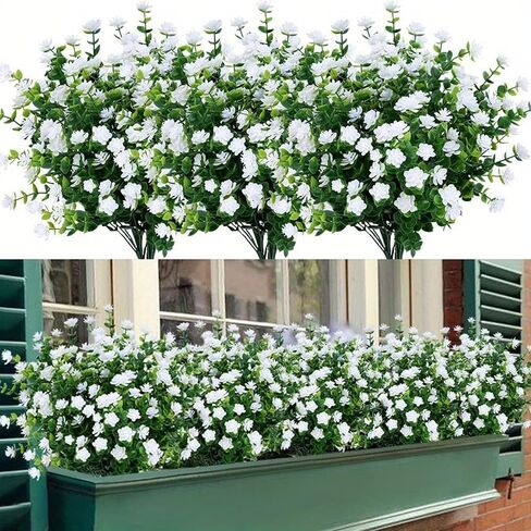 Artificial Flowers Outdoor UV Resistant, Faux Fake Plants Plastic Flowers Bushes Shrubs Artificial Greenery Home Porch Stems Outside Window Box Decor (White, 12 Bundles) in Saudi Arabia
