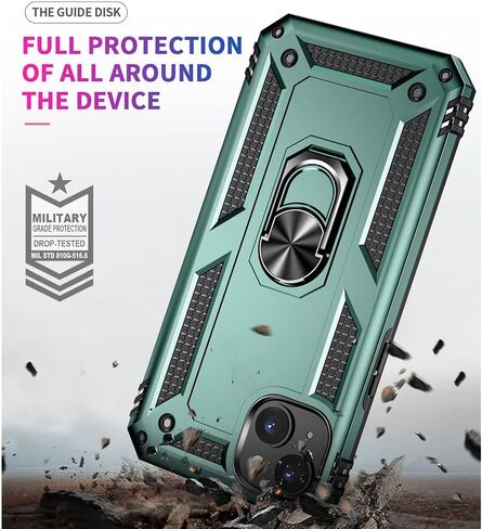 Aozuoton for iPhone 14 Case, iPhone 14 Phone Case with HD Screen Protector, [Military Grade 16ft. Drop Tested] Ring Shockproof Protective Phone Case for iPhone 14,Army Green in Saudi Arabia