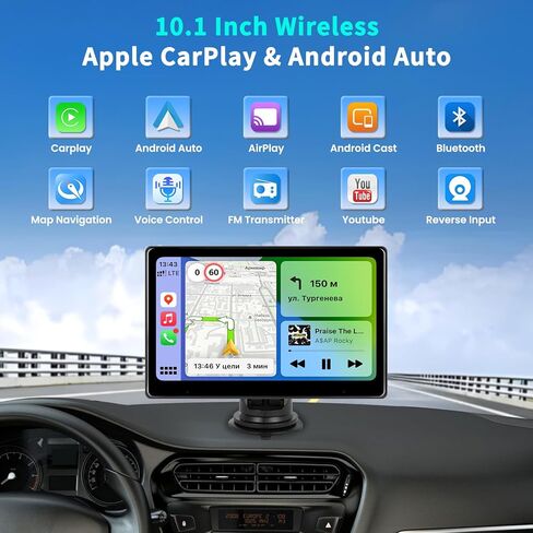 Roinvou Newest Portable Wireless Carplay Stereo with Built-in YouTube, 10.1" IPS Touch Screen Android Auto Screen Support Backup Camera, Mirror Link, Bluetooth, AUX/TF/USB Input, FM Transmitter in Saudi Arabia