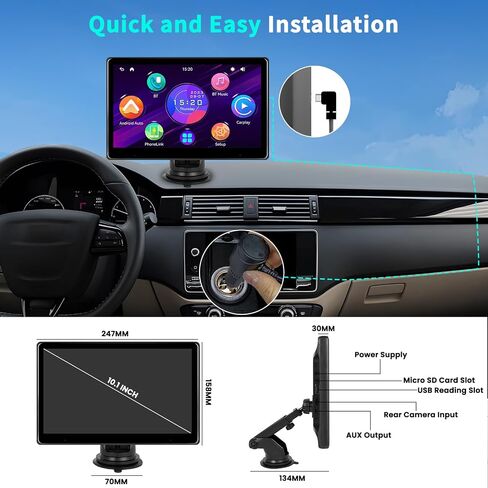 Roinvou Newest Portable Wireless Carplay Stereo with Built-in YouTube, 10.1" IPS Touch Screen Android Auto Screen Support Backup Camera, Mirror Link, Bluetooth, AUX/TF/USB Input, FM Transmitter in Saudi Arabia