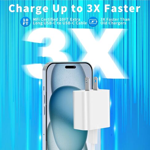 iPhone 15 Charger Fast Charging [MFi Certified], GEONAV 3Pack 20W Type-C Power USB-C Wall Charger+10FT Long USB-C to USB-C Cable Compatible with iPhone 15/15 Plus/15 Pro/15 Pro Max/iPad Pro/Air/Mini in Saudi Arabia