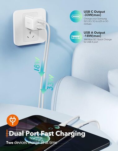 THREEKEY USB C Wall Charger,33W Dual USB Port Charger Block,Type C Charger Fast Charging Power Adapter Compatible with iPhone 15/14/13/12/X,Samsung Series,Moto,iPad,MacBook, White in Saudi Arabia