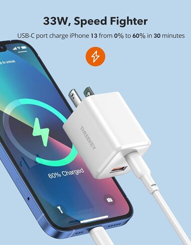 THREEKEY USB C Wall Charger,33W Dual USB Port Charger Block,Type C Charger Fast Charging Power Adapter Compatible with iPhone 15/14/13/12/X,Samsung Series,Moto,iPad,MacBook, White in Saudi Arabia