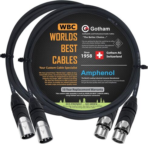 2 Units - 3 Foot - Gotham GAC-4/1 (Black) - Star Quad, Dual Shielded Balanced Male to Female Microphone Cables with Amphenol AX3M & AX3F Silver XLR Connectors - Custom Made by WORLDS BEST CABLES in Saudi Arabia