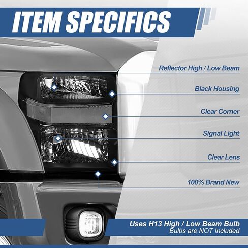 Auto Dynasty Factory Style Halogen Headlights Assembly Compatible with Ford F250 F350 F450 F550 Super Duty 2nd Gen 2008-2010, Driver and Passenger Side, Black Housing Clear Corner in Saudi Arabia