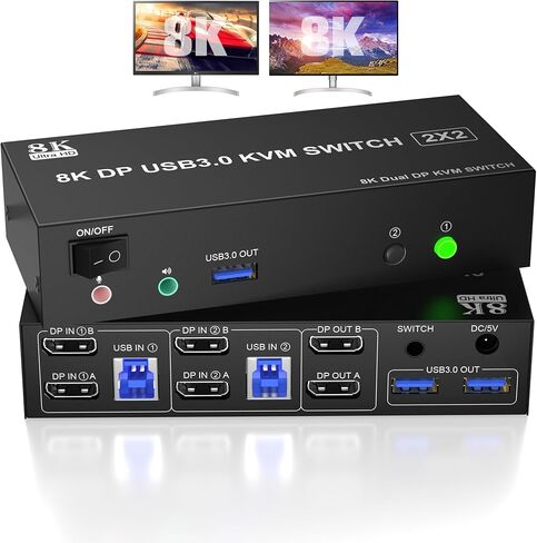 محول Displayport KVM بشاشة مزدوجة 8K@60 هرتز/4K@144 هرتز DP 1.4 USB 3.0 KVM لجهازي كمبيوتر يشاركان شاشتين و3 أجهزة USB مع ميكروفون صوتي، يدعم وضع المرآة الممتد in Kuwait