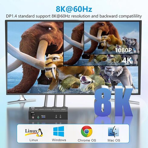 محول Displayport KVM بشاشة مزدوجة 8K@60 هرتز/4K@144 هرتز DP 1.4 USB 3.0 KVM لجهازي كمبيوتر يشاركان شاشتين و3 أجهزة USB مع ميكروفون صوتي، يدعم وضع المرآة الممتد in Kuwait