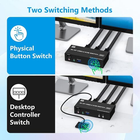 محول Displayport KVM بشاشة مزدوجة 8K@60 هرتز/4K@144 هرتز DP 1.4 USB 3.0 KVM لجهازي كمبيوتر يشاركان شاشتين و3 أجهزة USB مع ميكروفون صوتي، يدعم وضع المرآة الممتد in Kuwait