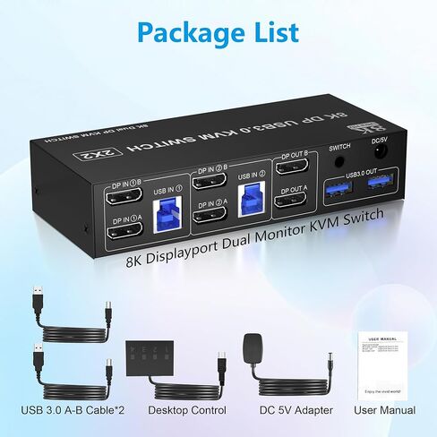محول Displayport KVM بشاشة مزدوجة 8K@60 هرتز/4K@144 هرتز DP 1.4 USB 3.0 KVM لجهازي كمبيوتر يشاركان شاشتين و3 أجهزة USB مع ميكروفون صوتي، يدعم وضع المرآة الممتد in Kuwait