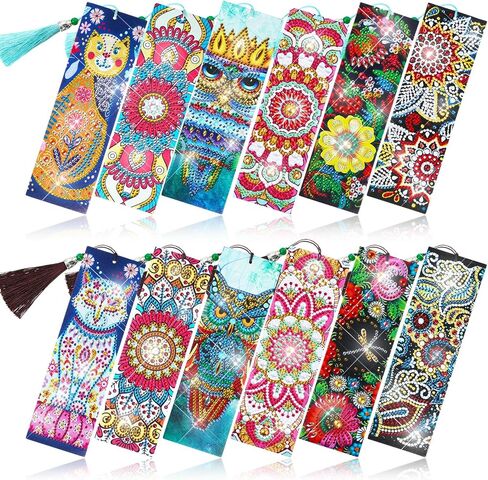 Containlol 12 Pieces 5D Rhinestone Painting Bookmark Art Beaded Rhinestone Floral Bookmark with Tassel PU Leather Bookmarks for Adults Kids DIY Craft Supplies in Saudi Arabia