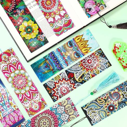 Containlol 12 Pieces 5D Rhinestone Painting Bookmark Art Beaded Rhinestone Floral Bookmark with Tassel PU Leather Bookmarks for Adults Kids DIY Craft Supplies in Saudi Arabia