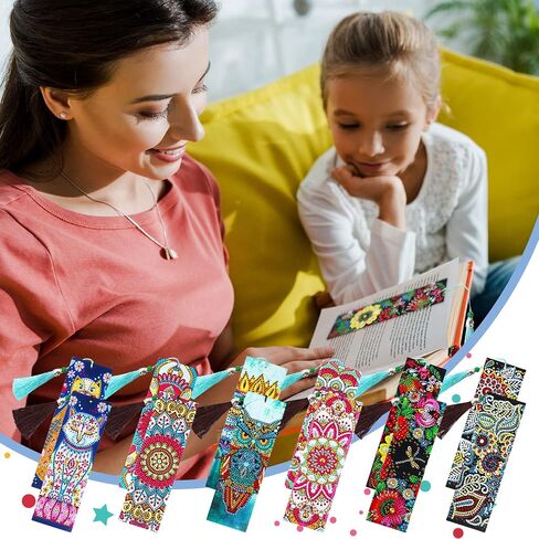 Containlol 12 Pieces 5D Rhinestone Painting Bookmark Art Beaded Rhinestone Floral Bookmark with Tassel PU Leather Bookmarks for Adults Kids DIY Craft Supplies in Saudi Arabia