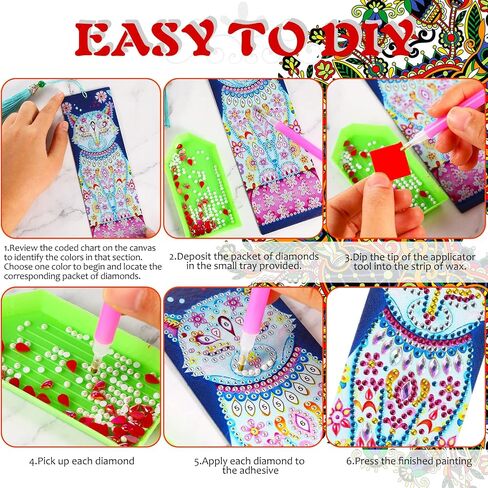 Containlol 12 Pieces 5D Rhinestone Painting Bookmark Art Beaded Rhinestone Floral Bookmark with Tassel PU Leather Bookmarks for Adults Kids DIY Craft Supplies in Saudi Arabia