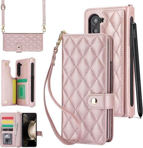 for Samsung Galaxy Z Fold 5 Wallet Case with 6 Credit Card Slots and S-Pen Slot, RFID Blocking, Adjustable Strap, Multi Card Function Premium Leather Magnetic Clasp Kickstand Cover.(Black) in Kuwait