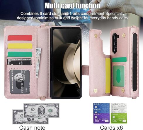 for Samsung Galaxy Z Fold 5 Wallet Case with 6 Credit Card Slots and S-Pen Slot, RFID Blocking, Adjustable Strap, Multi Card Function Premium Leather Magnetic Clasp Kickstand Cover.(Black) in Kuwait