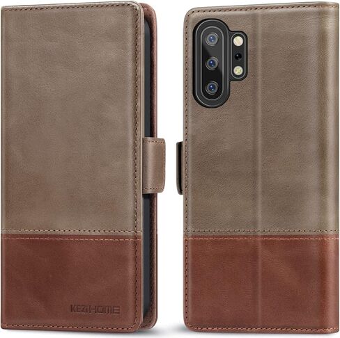 KEZiHOME Samsung Galaxy Note 10+ Plus Case, Genuine Leather Note 10 Plus 5G Wallet Case RFID Blocking Credit Card Slot Flip Magnetic Stand Case Compatible with Galaxy Note 10Plus (Black/Brown) in Saudi Arabia