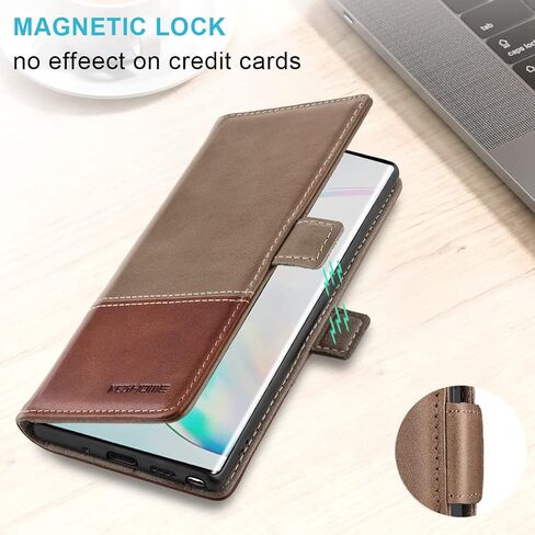 KEZiHOME Samsung Galaxy Note 10+ Plus Case, Genuine Leather Note 10 Plus 5G Wallet Case RFID Blocking Credit Card Slot Flip Magnetic Stand Case Compatible with Galaxy Note 10Plus (Black/Brown) in Saudi Arabia