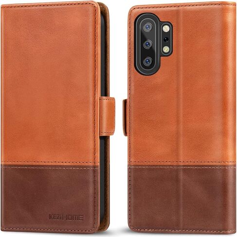 KEZiHOME for Samsung Galaxy Note 10+ Plus Case, Genuine Leather Note 10 Plus 5G Wallet Case RFID Blocking Credit Card Slot Flip Magnetic Stand Case Compatible with Galaxy Note 10Plus (Khaki/Brown) in Kuwait