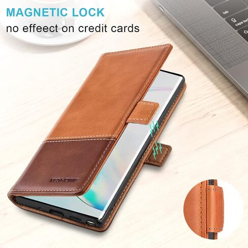 KEZiHOME for Samsung Galaxy Note 10+ Plus Case, Genuine Leather Note 10 Plus 5G Wallet Case RFID Blocking Credit Card Slot Flip Magnetic Stand Case Compatible with Galaxy Note 10Plus (Khaki/Brown) in Kuwait