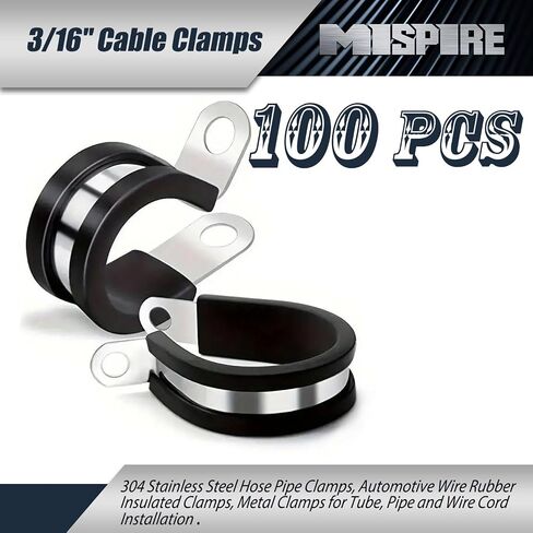 100 Pack 3/16 inch Cable Clamps, MISPIRE Stainless Steel Hose Pipe Clamps, Automotive Wire Rubber Insulated Clamps, Metal Clamps for Tube, Pipe and Wire Cord Installation in Saudi Arabia