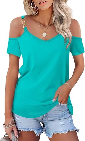 ORANDESIGNE Women's 3/4 Sleeves V Neck Shirts Summer Cold Shoulder Tops Casual Ladies Basic Blouses in Saudi Arabia