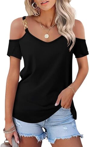 ORANDESIGNE Women's 3/4 Sleeves V Neck Shirts Summer Cold Shoulder Tops Casual Ladies Basic Blouses in Saudi Arabia