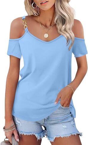 ORANDESIGNE Women's 3/4 Sleeves V Neck Shirts Summer Cold Shoulder Tops Casual Ladies Basic Blouses in Saudi Arabia