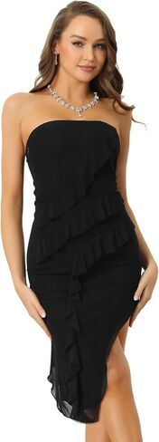 Allegra K Strapless Mini Dress for Women's Ruffle Irregular Hem Cocktail Party Mesh Bodycon Dresses in Saudi Arabia