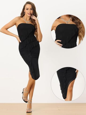 Allegra K Strapless Mini Dress for Women's Ruffle Irregular Hem Cocktail Party Mesh Bodycon Dresses in Saudi Arabia