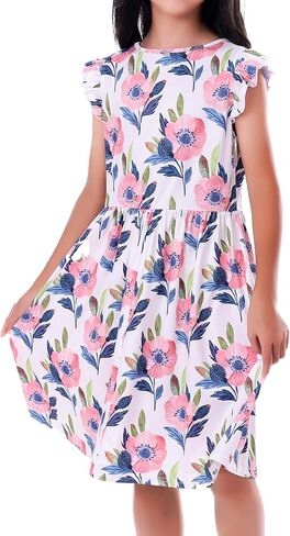 LUOUSE Girls Elegant Ruffle Sleeve Stretchy Causal Flower Dresses 4-12 T in Saudi Arabia