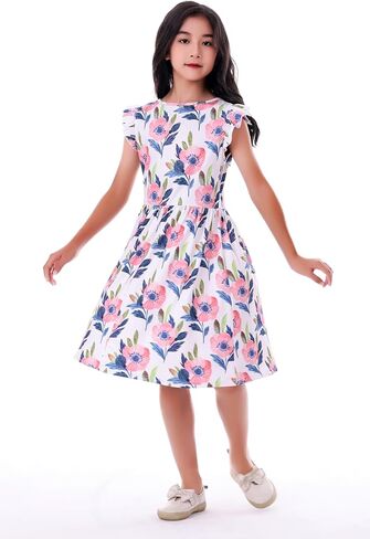 LUOUSE Girls Elegant Ruffle Sleeve Stretchy Causal Flower Dresses 4-12 T in Saudi Arabia