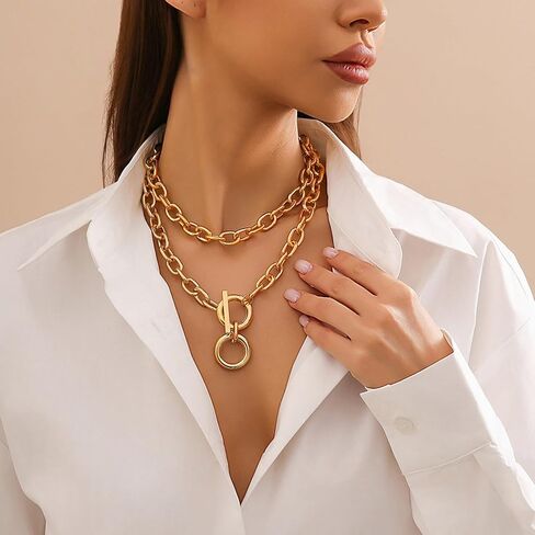 Chunky Gold Necklace Gold Layered Necklaces for Women Chunky Chain Necklace Stackable Choker Necklaces Pendant Paperclip Pendant Necklaces for Woman in Saudi Arabia