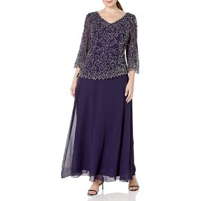J Kara Plus Size Womens V-Neck with 3/4 Sleeve Long Dress