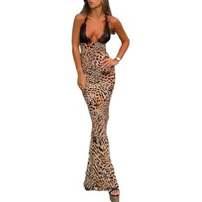 Y2K Leopard Printed Maxi Dress Backless Skinny Spaghetti Strap Lace-up Slim Vintage