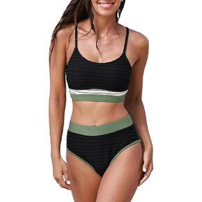 CUPSHE Women's Bikini Sets Two Piece Bathing Suit High Waisted Scoop Neck Textured Crisscross Back Tie
