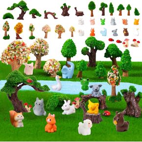Warmtree 34Pcs Fairy Garden Accessories, Animal Trees, Model Trees with Forest Animals Figures Ho Scale, Resin Trees for Fairy Garden Kit Train Landscape Railroad Scenery Layout Model