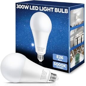 300W Equivalent LED Light Bulb, 4060LM Super Bright A23 LED Bulb, Daylight 5000K, 33W Energy Saving, E26 Medium Base, 120V for Garage, Warehouse, Shop, Supermarket, Non-Dimmable, 2 Pack