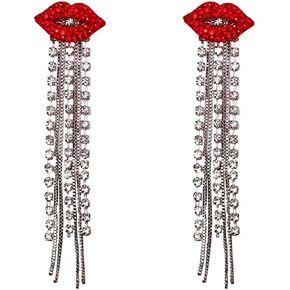 Sparkling Diamond Red Lips Rhinestone Tassels Earrings Jewelry for Women