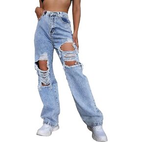 Floerns Women's Straight Leg Zipper Fly High Waisted Ripped Raw Long Denim Jeans