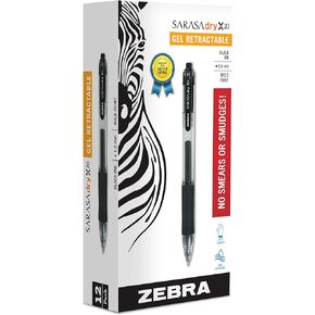 Zebra Pen Sarasa Dry X20 Retractable Gel Pen, Bold Point, 1.0mm, Black Ink, 12-Pack (Packaging May Vary)