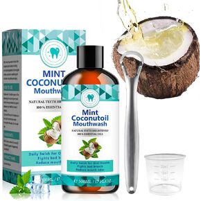 500ml Coconutoil Mouthwash,New Mint Coconutoil Mouthwash, Natural Teeth Whitener,Mint Coconutoil Mouthwash with Tongue Scraper, Oral Care, Fresh Breath, Gum Health