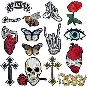 15 Pcs Dark Embroidered Iron On Patches for Clothes, Rock Band Patches, Rock Iron on Decals, Embroidered Applique Patches, for Jackets Hats Jean Backpack Clothing DIY Decoration Repair Accessories