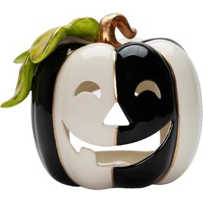 21093 Fine Ceramic White and Black Pumpkin Shaped Tealight Holder 4 1/4" H