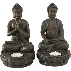 Seated Buddha Tealight Candle Holders, Set of 2, Greeting or Namaste Pose, Lotus Base, 7.5 H x 4.25 Inches, Hand Crafted, Cast Polyresin, Bronze Color, The Sere