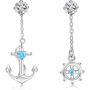 925 Sterling Silver Anchor Earrings - Steering Wheel Thread Earring for Women Girls Ocean Sea Minimalist Hypoallergenic Nautical Theme Jewelry Gifts