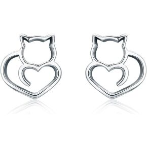 Sterling Silver Cute Kitty Cat Stud Earrings for Women Girls Love Heart Sensitive Ears Nice Gifts